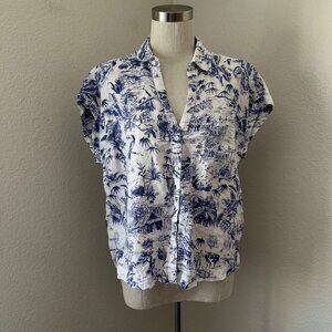 Joie Linen Button Up Shirt Short Sleeve Blue Palm tree Tropical Print Airy Sz M